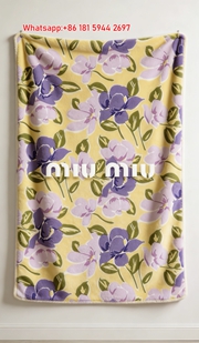 Miu Miu Floral Print Flannel Throw Blanket Bright Sunflower Yellow with Lavender & Purple Flowers IMG_0441